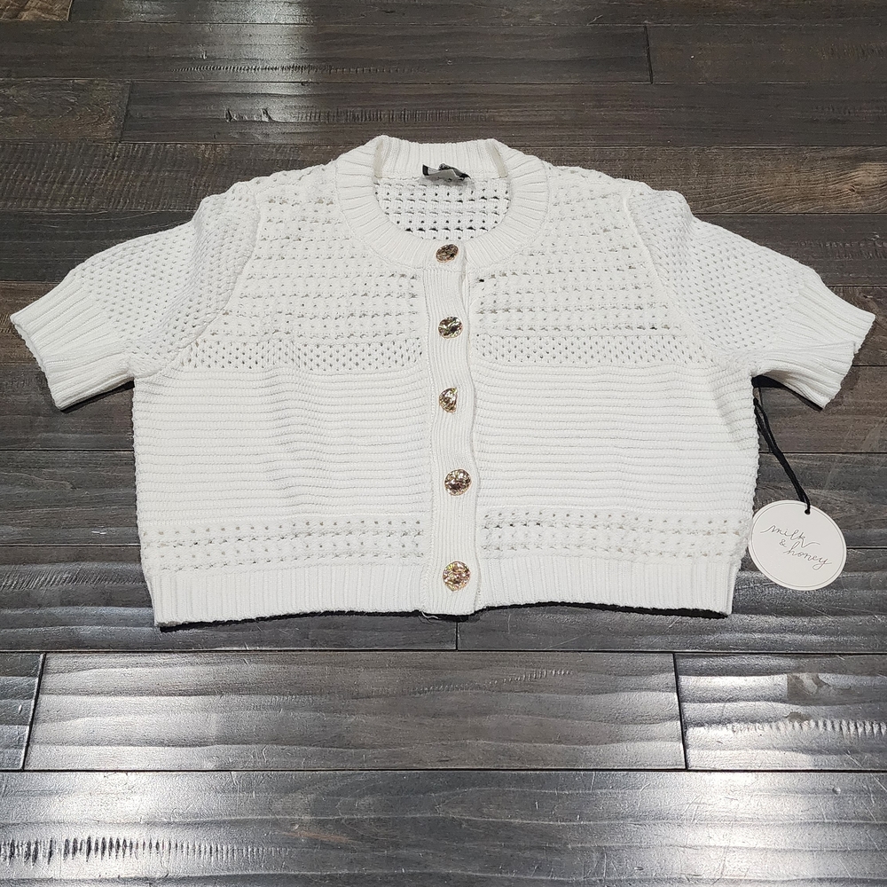 White Cropped Knit Button-Front Cardigan